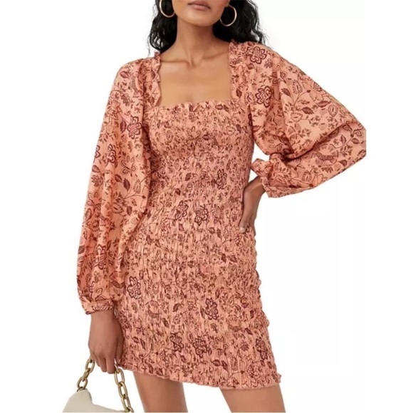 Free People | Smock It To Me Puff Sleeve Smocked Body Mini Dress Size XS NWT - Picture 1 of 12